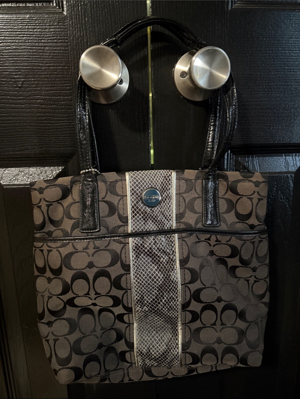 Coach Black and Gray Signature Pattern Tote with Center Stripe
